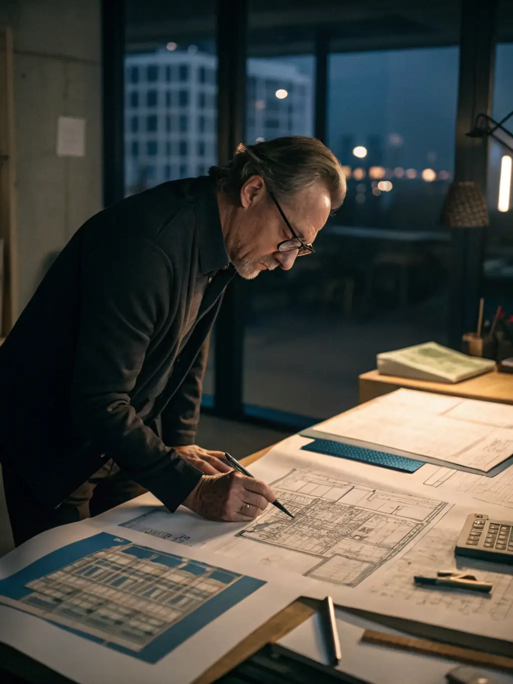 A structural engineer reviewing structural plans with a client in a modern office setting, discussing design options.