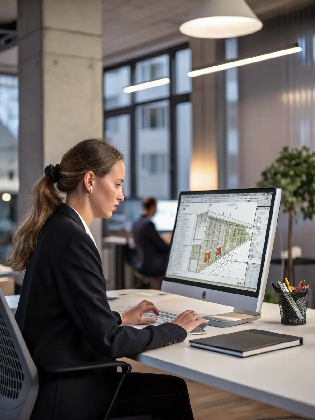 An architect working on a detailed architectural draft at a bright and modern workstation.