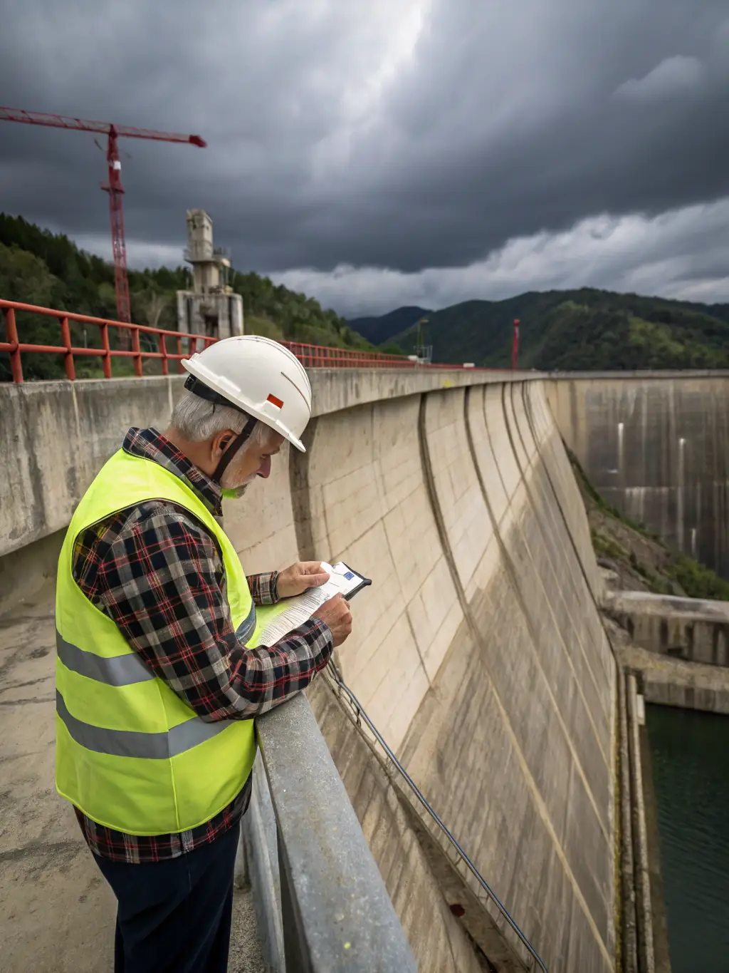 A professional structural engineer inspecting a building foundation with a clipboard in hand, ensuring quality and compliance.