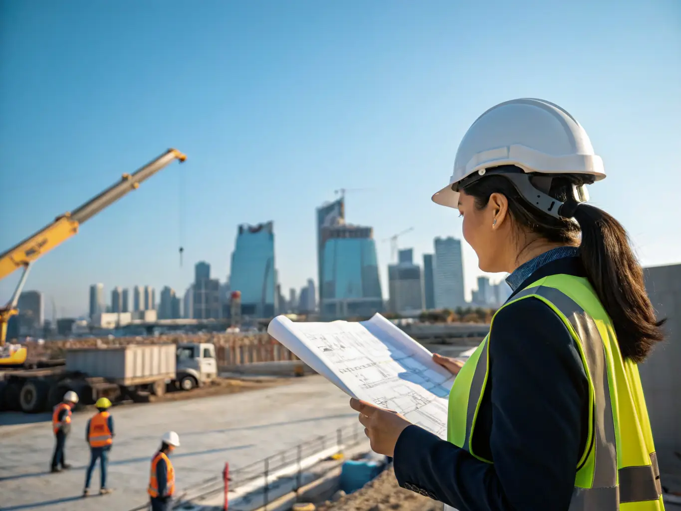 A civil engineer reviewing civil plans and permits for a new construction project, ensuring compliance with city requirements and regulations.