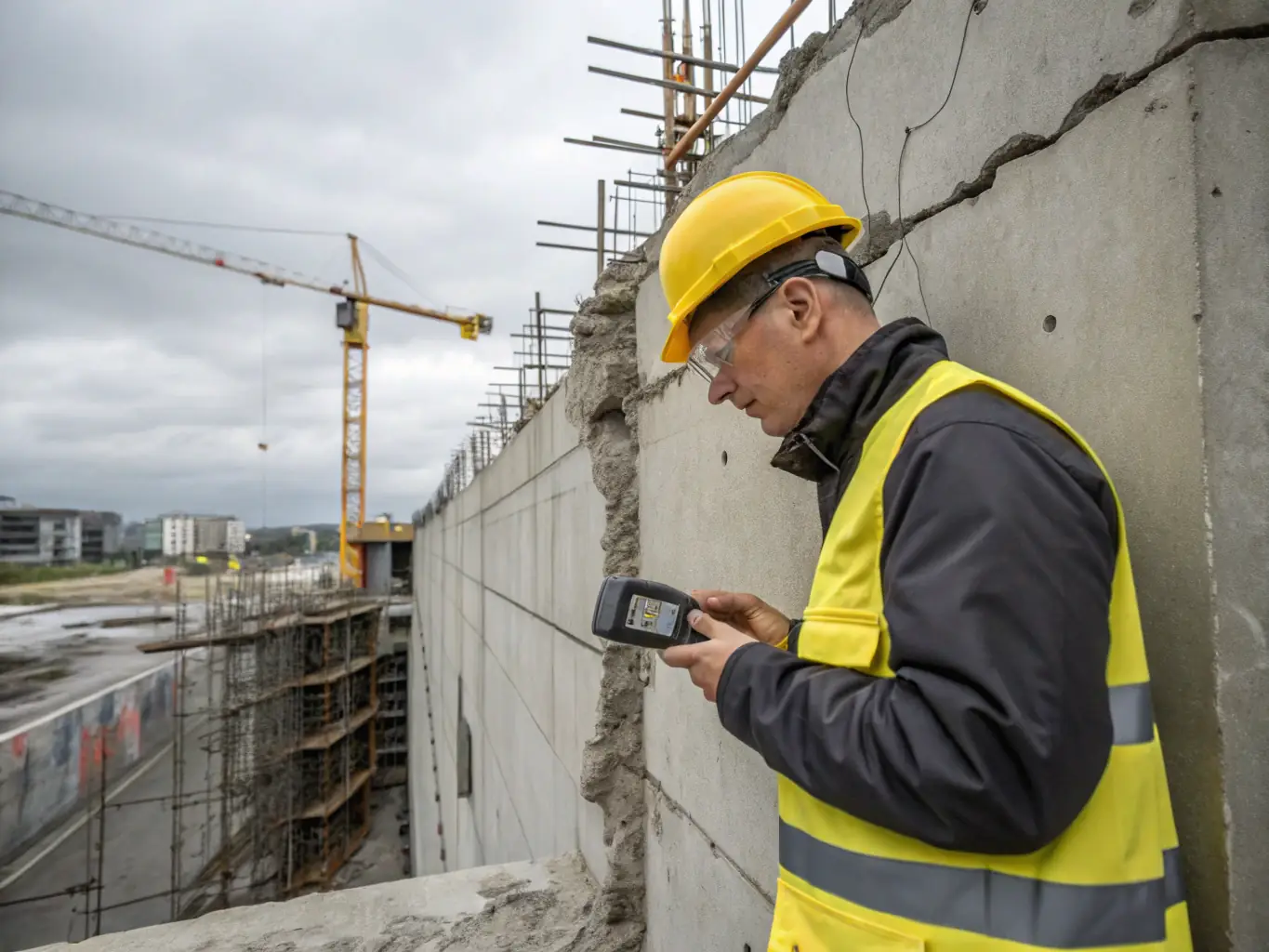 A structural engineer inspecting the foundation of a commercial building, ensuring compliance with safety standards and building codes.