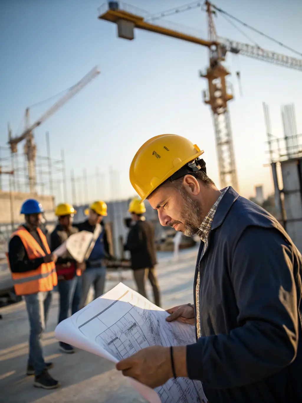 A civil engineer reviewing civil planning documents on a construction site, ensuring compliance with regulations.